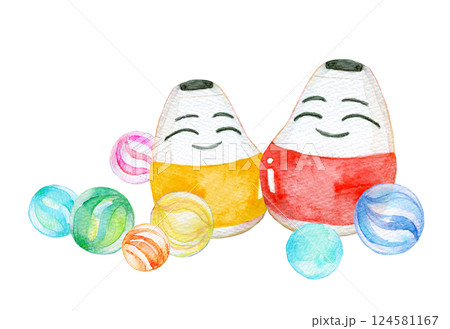 水彩イラスト ビー玉と起き上がり小法師 水彩イラスト ビー玉と起き上がり小法師 124581167