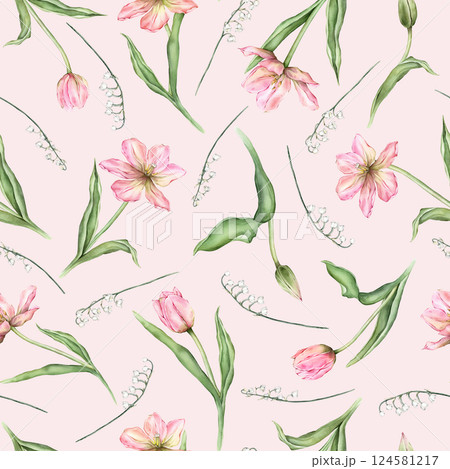 Seamless pattern of pastel pink light bud Tulips and white lily of the valley watercolor illustration isolated on background. Hand drawn delicate spring flowers for spring wedding repeat design Seamless pattern of pastel pink light bud Tulips and white lily of the valley watercolor illustration isolated on background. Hand drawn delicate spring flowers for spring wedding repeat design 124581217