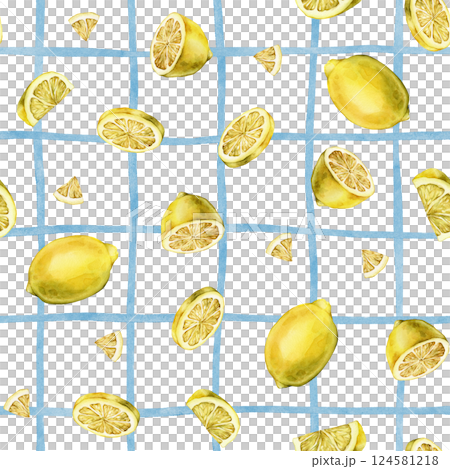 Seamless pattern with watercolor illustration of slice and whole lemon, peel or zest Lemon or Lime on light blue checkered background. Repeat ornament Hand painted lemon branch on isolated background. Seamless pattern with watercolor illustration of slice and whole lemon, peel or zest Lemon or Lime on light blue checkered background. Repeat ornament Hand painted lemon branch on isolated background. 124581218