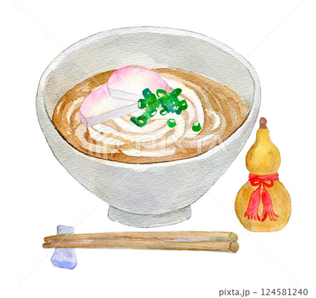 水彩イラスト　温かいかけうどん 124581240