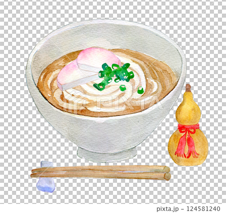 水彩イラスト　温かいかけうどん 124581240