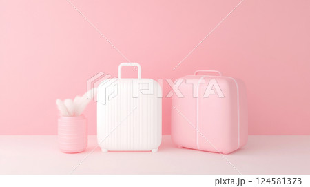 Pastel suitcases against a pink wall, concept of travel and vacation background 124581373