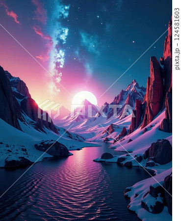 Dreamy landscape with vibrant milky way and majestic mountains at twilight for fantasy and adventure themes 124581603