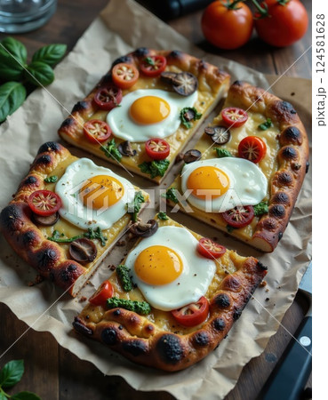 Gourmet breakfast pizza with sunny-side-up eggs and fresh vegetables on rustic crust - culinary delight for brunch lovers and food enthusiasts 124581628