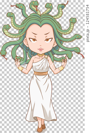 Cartoon character of Medusa with living snakes in place of hair in Greek mythology. Cartoon character of Medusa with living snakes in place of hair in Greek mythology. 124581754