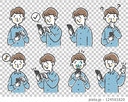Illustration set of a man operating a smartphone, upper body, vector 124581820