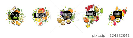 A set of vector logos with painted fresh fruits 124582041