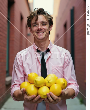 Cheerful young man holding fresh lemons in urban alleyway for a vibrant lifestyle concept 124582070