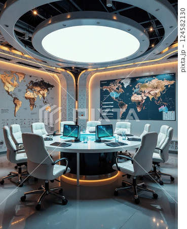 Futuristic global strategy conference room design with interactive world maps and modern lighting Futuristic global strategy conference room design with interactive world maps and modern lighting 124582130