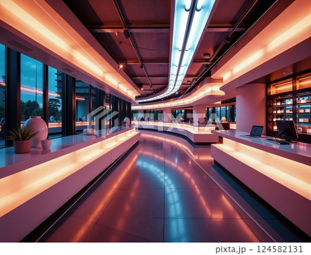 Futuristic interior design with curved led lighting and modern aesthetics for innovative office spaces or trendy commercial interiors Futuristic interior design with curved led lighting and modern aesthetics for innovative office spaces or trendy commercial interiors 124582131