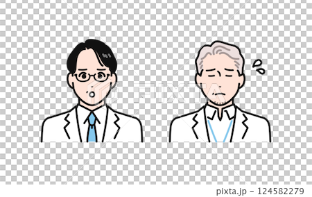 A simple vector illustration set of a middle-aged and senior man wearing a white coat who is in trouble 124582279