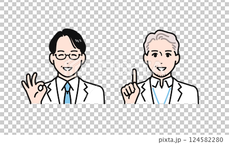 A simple vector illustration set of a middle-aged and senior man wearing a white coat giving an explanation with a smile A simple vector illustration set of a middle-aged and senior man wearing a white coat giving an explanation with a smile 124582280