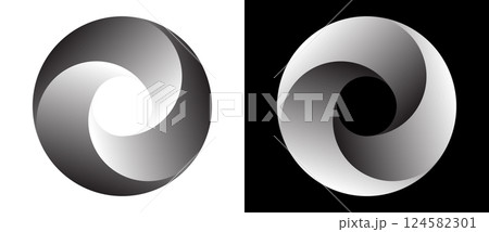 Set of circles with lines with gradient. Dynamic design element, icon or logo. One spiral on white background and negative spiral on black background. 124582301