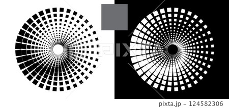 Abstract background with squares in circle. Art design spiral as logo or icon. A black figure on a white background and an equally white figure on the black side. 124582306