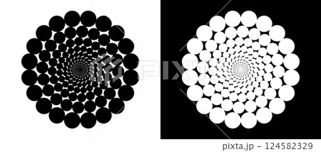 Modern abstract background. Halftone dots in circle form. Round logo, design element or icon. Vector dotted frame. A black figure on a white background and an equally white figure on the black side. 124582329