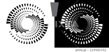 Spiral as background with quadrangles. Circle design element or icon, logo. Black shape on a white background and the same white shape on the black side. Spiral as background with quadrangles. Circle design element or icon, logo. Black shape on a white background and the same white shape on the black side. 124582332