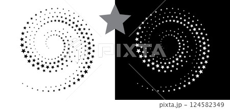 Abstract background with stars in circle. Art design spiral as logo or icon. A black figure on a white background and an equally white figure on the black side. Abstract background with stars in circle. Art design spiral as logo or icon. A black figure on a white background and an equally white figure on the black side. 124582349