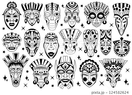 Silhouettes of totem African tribal masks. Set of ritual mythological ethnic aboriginal face masks. Set of stickers of African. Vector Illustration 124582624
