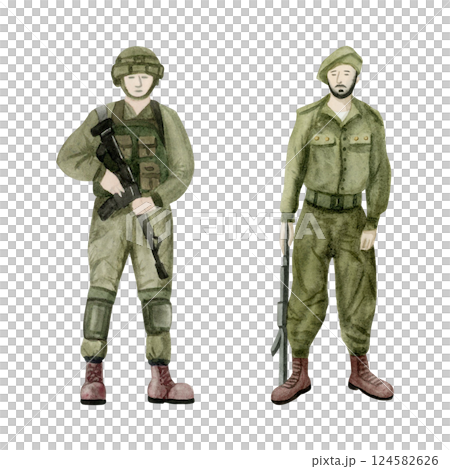 Modern Israeli male soldiers of IDF with assault rifles in green uniform watercolor illustration set isolated on white for patriotic holidays, memorial days, Holocaust Remembrance and Independence Day 124582626