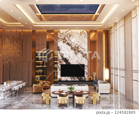 Luxurious modern living room with marble and gold accents 124582805