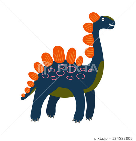 Cartoon stegosaurus with bold orange plates and pink spots on a navy body, ideal for playful prehistoric themes and kids dinosaur illustrations 124582809