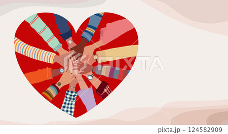 Heart shape with hands inside in circle of multicultural people in sign of volunteering support or assistance. Banner copy space Heart shape with hands inside in circle of multicultural people in sign of volunteering support or assistance. Banner copy space 124582909