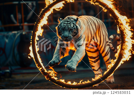 Tiger jumping through fire ring in circus Tiger jumping through fire ring in circus 124583031