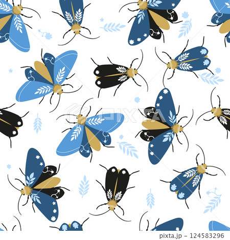 Blue and black butterfly seamless pattern with decorative leaves and flowers 124583296