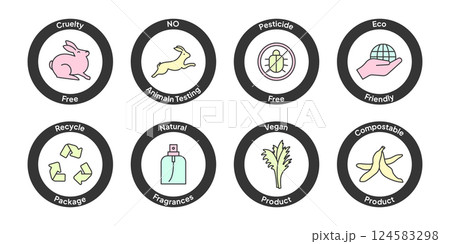 Cruelty Free, No Animal Testing, Pesticide Free and Eco Friendly Cosmetic Icons. 124583298