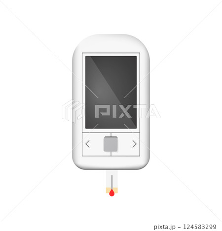 Portable glucose meter measuring blood glucose levels with drop of blood. 124583299