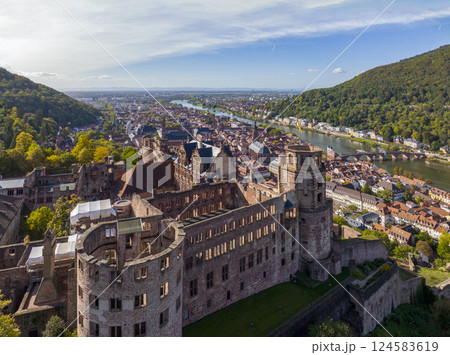 Aerial of Heidelberg Castle, Germany. Heidelberg town with the famous Karl Theodor old bridge and Heidelberg castle. 124583619