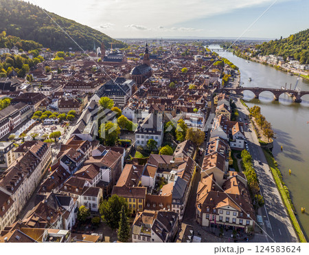 Aerial view of Heidelberg city, Germany. Heidelberg town with the famous Karl Theodor old bridge and Heidelberg castle. 124583624