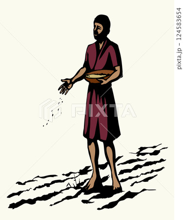 Vector drawing. A man sowing wheat Vector drawing. A man sowing wheat 124583654