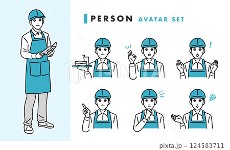 カフェ・飲食店　エプロン姿の男性の店員のアバターセット 124583711