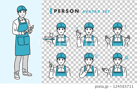 カフェ・飲食店　エプロン姿の男性の店員のアバターセット 124583711