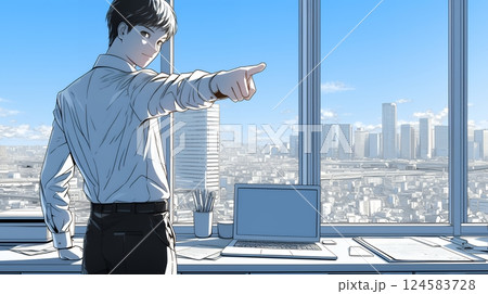 人差し指を立てて決断を下したビジネスパーソン