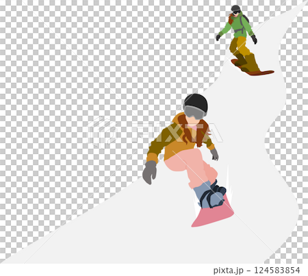 Illustration of a woman snowboarding on a snowy mountain in winter Illustration of a woman snowboarding on a snowy mountain in winter 124583854