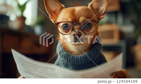 Pet at work. Cute Chihuahua wearing glasses and sweater holds paper, creating humorous and intelligent expression Pet at work. Cute Chihuahua wearing glasses and sweater holds paper, creating humorous and intelligent expression 124584109