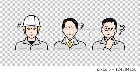 A simple vector illustration set of middle-aged and senior men wearing work clothes with a worried expression 124584150