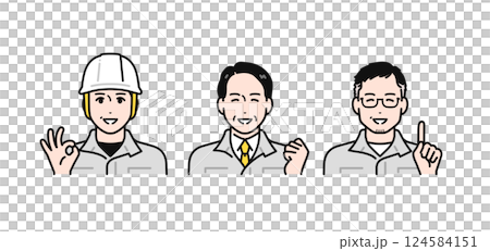 A simple vector illustration set of middle-aged and senior men in work clothes who are happy that their problems have been solved 124584151