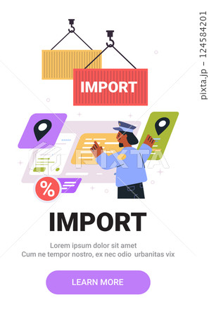 Import logistics concept with customs officer overseeing shipping containers and digital interface elements in vibrant colors for mobile application screen 124584201