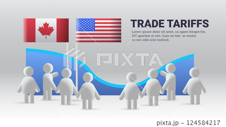 Trade tariffs concept with flags and figures. People gather under Canada and USA flags with abstract graph background. Business conflict theme 124584217