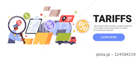 Customs officer examining shipments trade tariffs concept. Scene includes officer with magnifying glass clipboard boxes truck percentage signs. Web banner Customs officer examining shipments trade tariffs concept. Scene includes officer with magnifying glass clipboard boxes truck percentage signs. Web banner 124584219