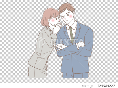 内緒話をしているビジネスマンの男性と女性 内緒話をしているビジネスマンの男性と女性 124584227
