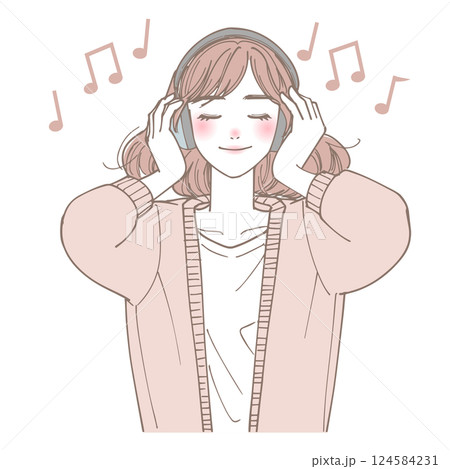 ヘッドフォンで音楽を聴く女性のイラスト ヘッドフォンで音楽を聴く女性のイラスト 124584231