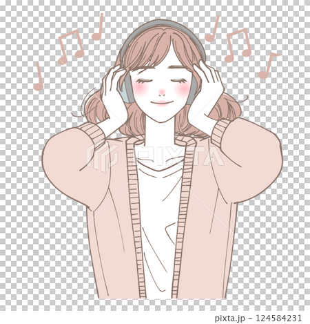 ヘッドフォンで音楽を聴く女性のイラスト ヘッドフォンで音楽を聴く女性のイラスト 124584231