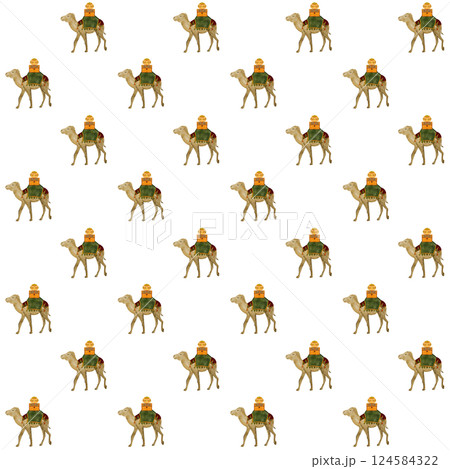 Camel with saddle blanket and treasure chests, gift boxes, Christmas watercolor seamless pattern. Hand painted art for cards, posters, stickers, decoration for true Christmas. Cute minimalistic clip 124584322