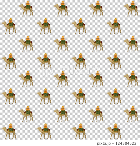 Camel with saddle blanket and treasure chests, gift boxes, Christmas watercolor seamless pattern. Hand painted art for cards, posters, stickers, decoration for true Christmas. Cute minimalistic clip 124584322