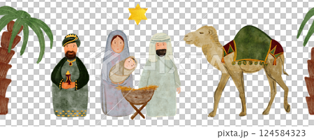 Wise man with a gift, camel and the holy family Christmas nativity scene seamless border digital watercolor isolated on white. Hand painted art perfect for textile, packaging, card, tape, decoration 124584323