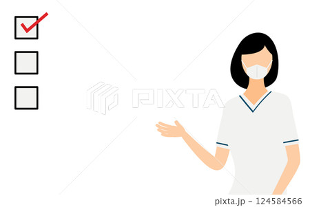 黒いボブヘアの女性看護師がチェックリストで注意を促すシンプルなイラスト 124584566